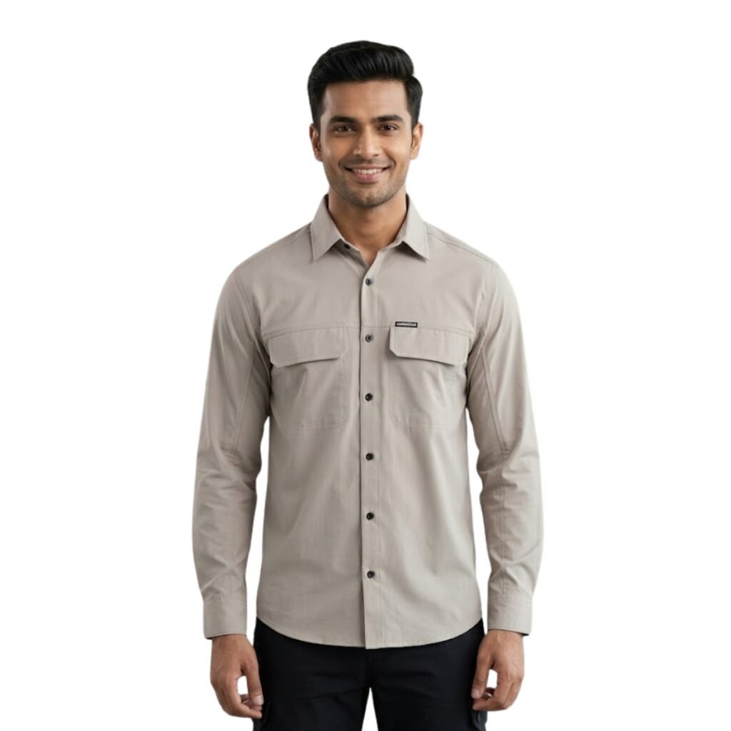 Men’s Breathable Hiking Shirt – Full Sleeve, Quick-Dry, Lightweight Outdoor Trekking Shirt (Light Grey)